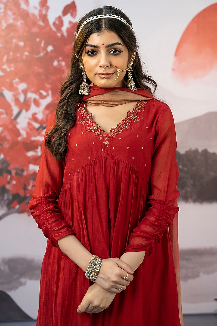 Red Cotton Silk Thread Embroidered Party Wear Anarkali Set by Karnya at Pernia's Pop Up Shop