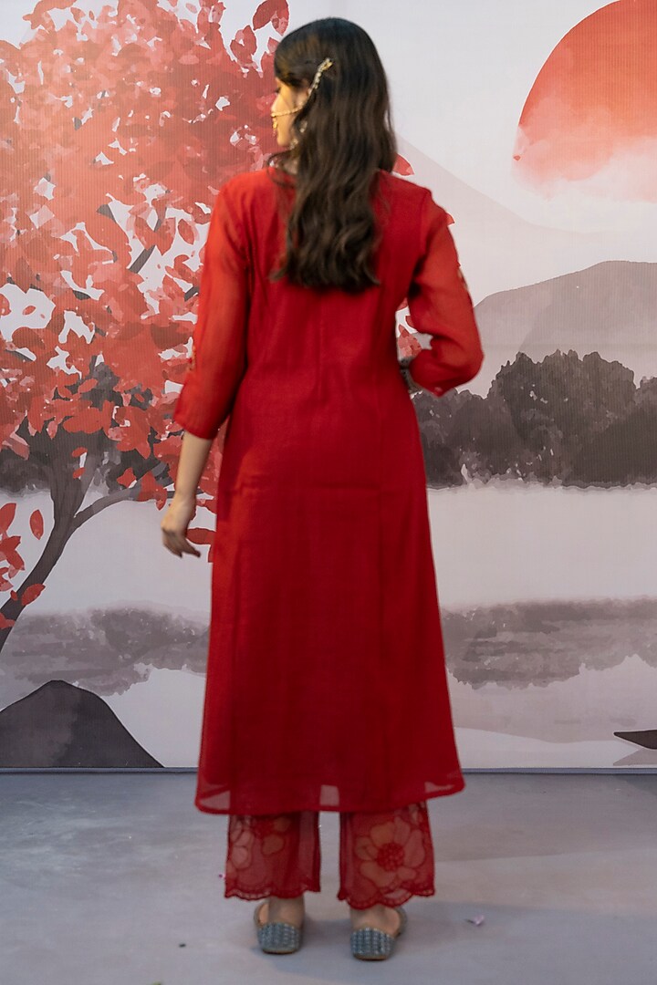 Red Cotton Silk Thread Embroidered Kurta Set by Karnya at Pernia's Pop Up Shop