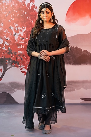 Black Cotton Silk Floral Embroidered Kurta Set by Karnya