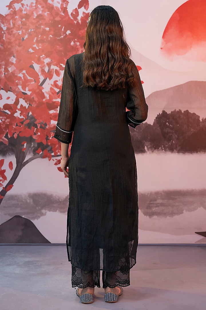 Black Cotton Silk Floral Embroidered Kurta Set by Karnya at Pernia's Pop Up Shop