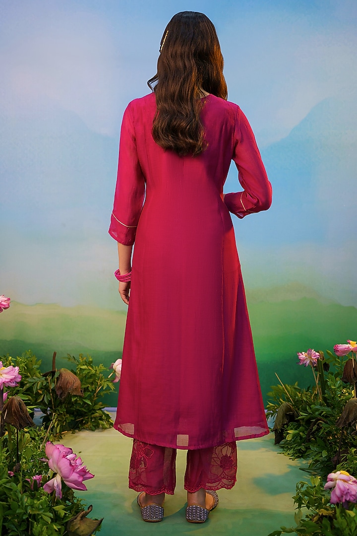 Deep Fuchsia Cotton Silk Floral Embroidered Kurta Set by Karnya at Pernia's Pop Up Shop