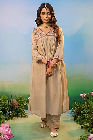 Beige Cotton Silk Thread Embroidered Choga Kurta Set by Karnya