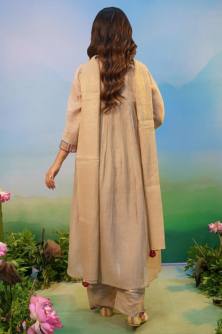 Beige Cotton Silk Thread Embroidered Choga Kurta Set by Karnya at Pernia's Pop Up Shop