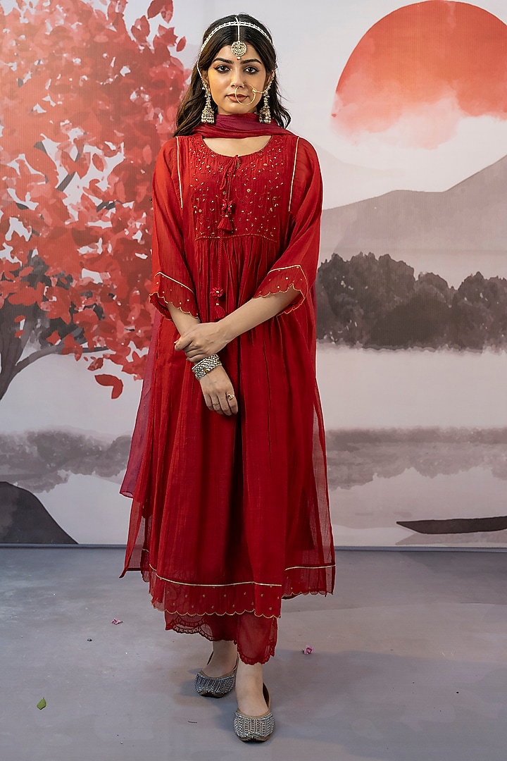 Red Cotton Silk Thread Embroidered Choga Kurta Set by Karnya