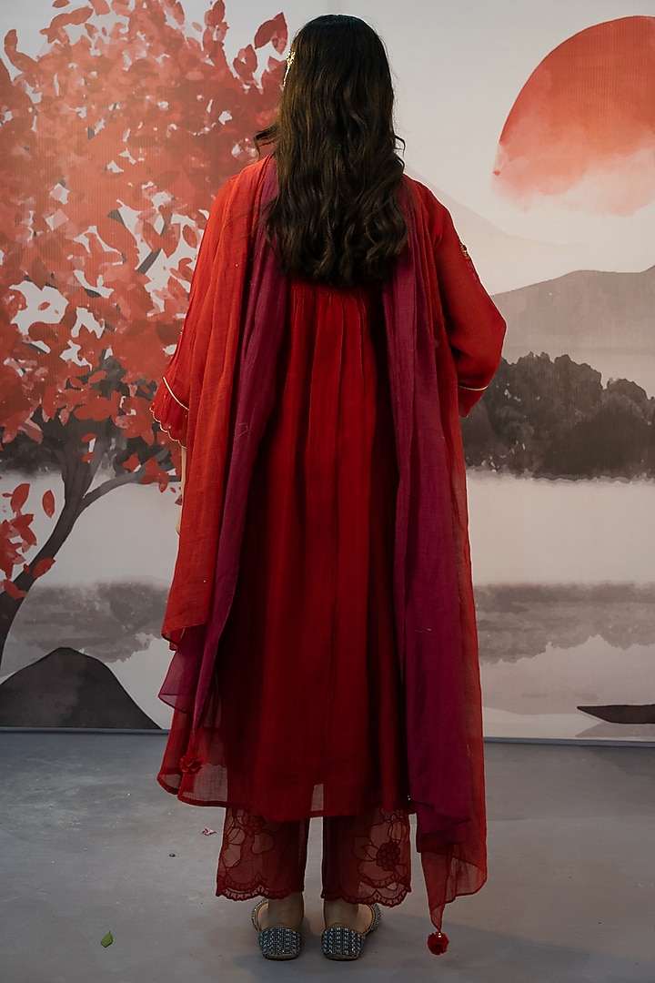 Red Cotton Silk Thread Embroidered Choga Kurta Set by Karnya at Pernia's Pop Up Shop