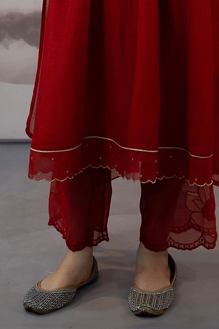 Red Cotton Silk Thread Embroidered Choga Kurta Set by Karnya at Pernia's Pop Up Shop