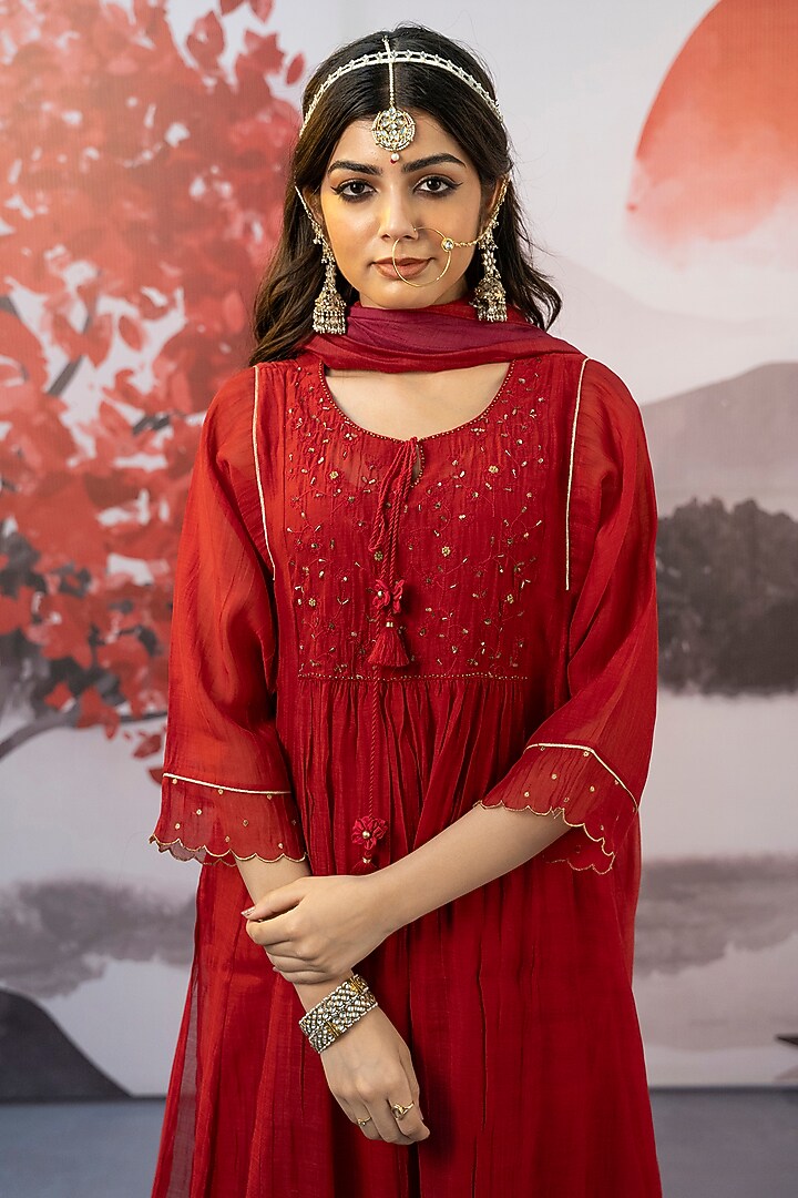 Red Cotton Silk Thread Embroidered Choga Kurta Set by Karnya at Pernia's Pop Up Shop