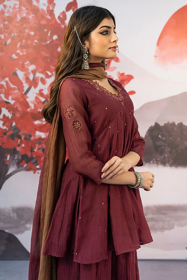 Maroon Cotton Silk Party Wear Sharara Set by Karnya at Pernia's Pop Up Shop