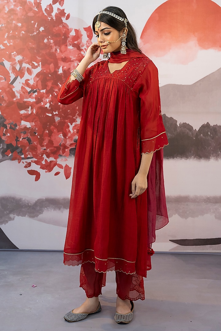 Red Cotton Silk Thread Embroidered Choga Kurta Set by Karnya