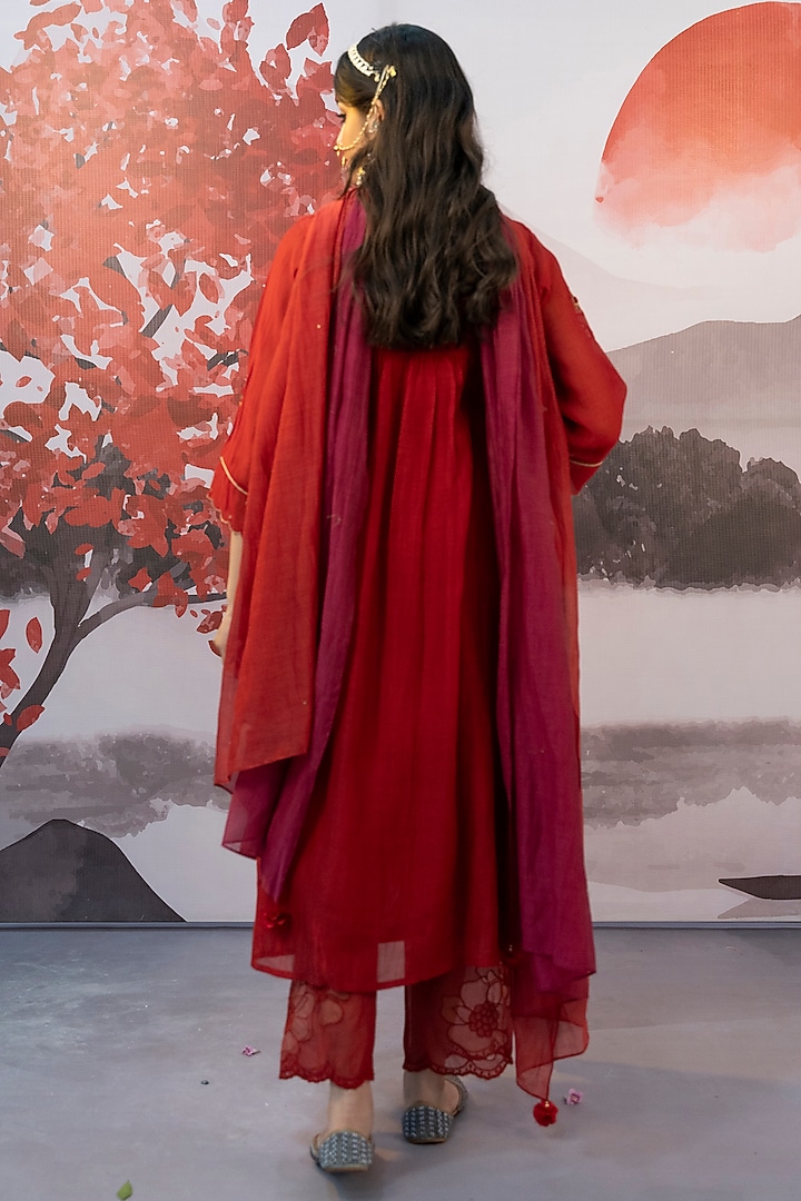 Red Cotton Silk Thread Embroidered Choga Kurta Set by Karnya at Pernia's Pop Up Shop