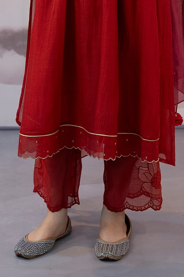 Red Cotton Silk Thread Embroidered Choga Kurta Set by Karnya at Pernia's Pop Up Shop
