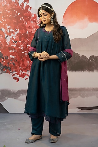 Teal Blue Cotton Silk Hand Embroidered Kurta Set by Karnya