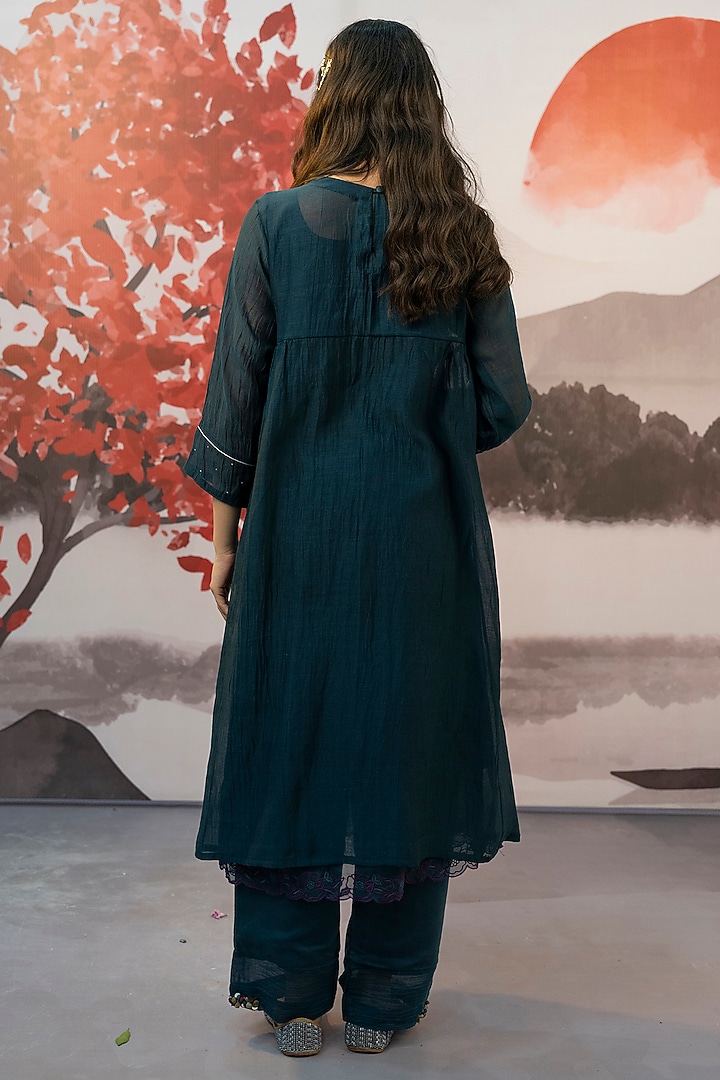 Teal Blue Cotton Silk Hand Embroidered Kurta Set by Karnya at Pernia's Pop Up Shop