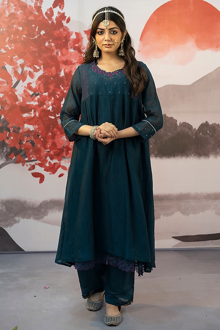 Teal Blue Cotton Silk Hand Embroidered Kurta Set by Karnya at Pernia's Pop Up Shop