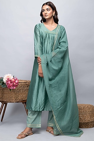 Green Chanderi Kurta Set by Kalakaari By Sagarika