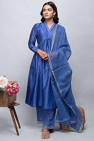 Blue Chanderi Kurta Set by Kalakaari By Sagarika
