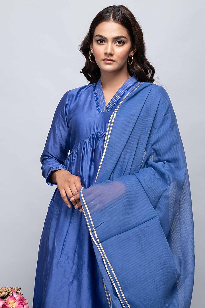 Blue Chanderi Kurta Set by Kalakaari By Sagarika at Pernia's Pop Up Shop