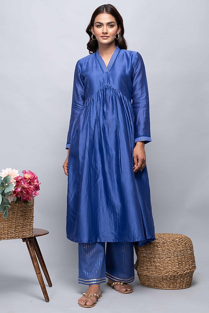 Blue Chanderi Kurta Set by Kalakaari By Sagarika at Pernia's Pop Up Shop