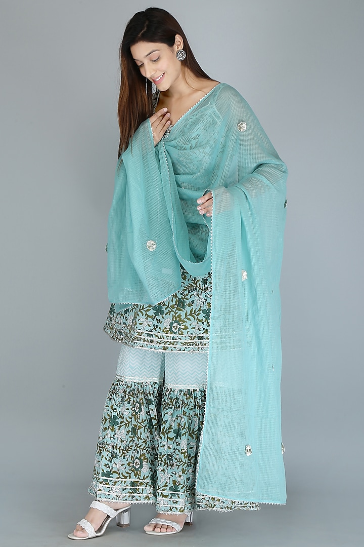 Turquoise Cotton Block Printed Sharara Set by Kalakaari By Sagarika at Pernia's Pop Up Shop