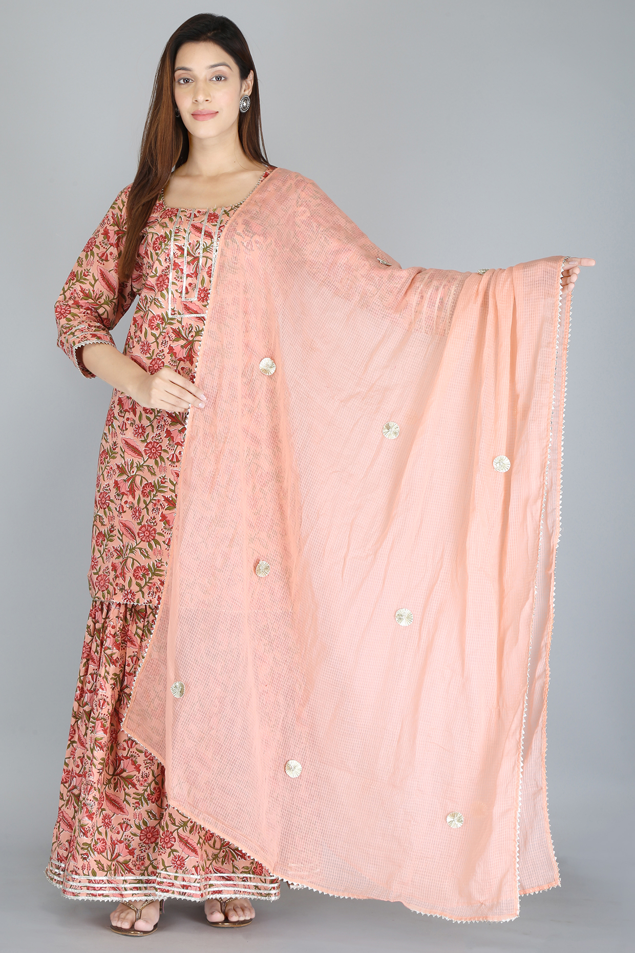 Peach Cotton Block Printed Sharara Set by Kalakaari By Sagarika at Pernia's Pop Up Shop
