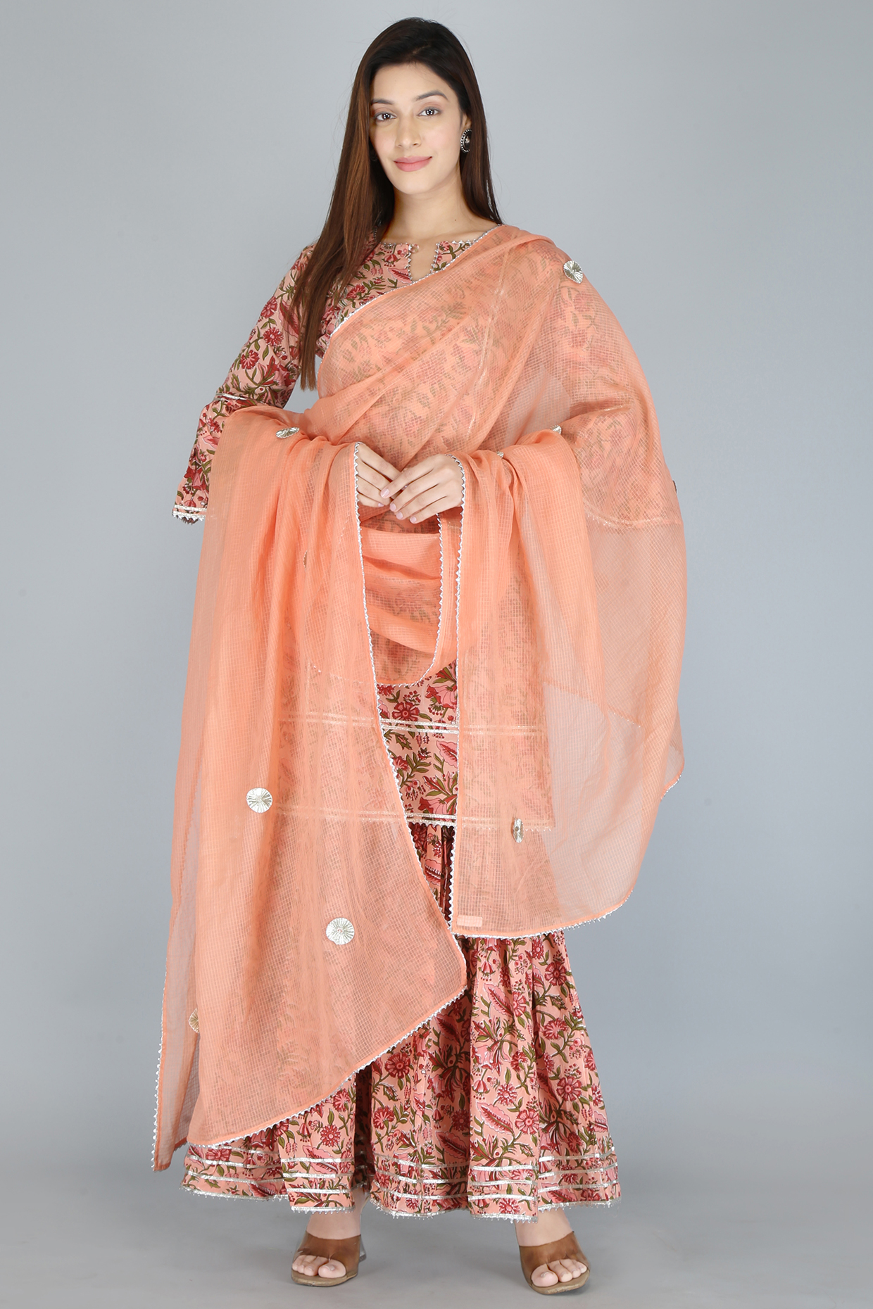 Peach Cotton Block Printed Sharara Set by Kalakaari By Sagarika at Pernia's Pop Up Shop
