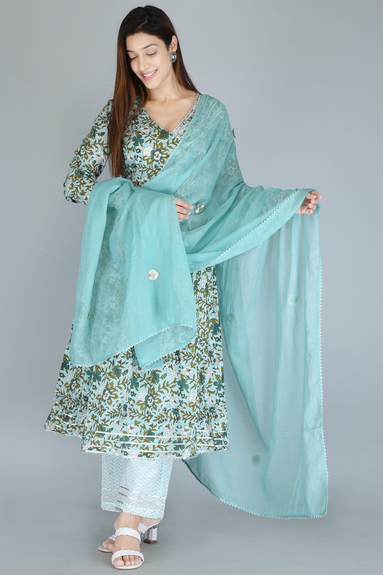 Turquoise Cotton Block Printed Kurta Set by Kalakaari By Sagarika at Pernia's Pop Up Shop