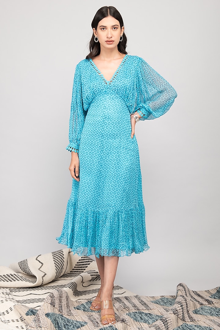 Turquoise Chiffon Printed Midi Dress Design by Kalakaari By Sagarika at ...