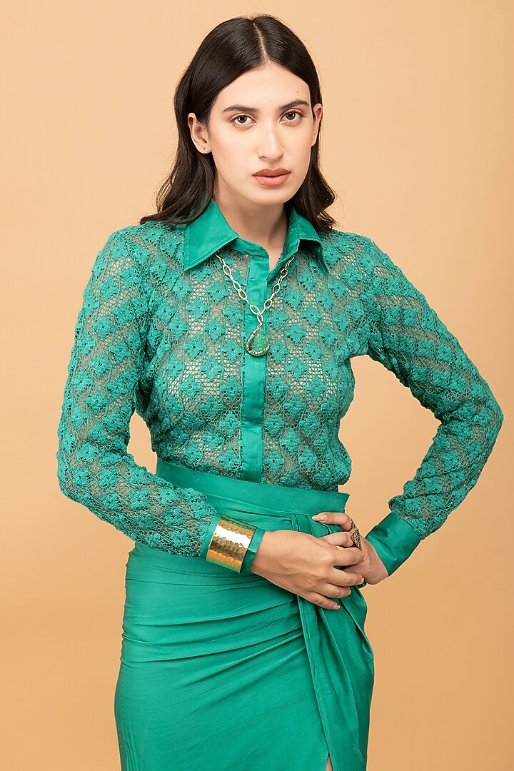 Bottle Green Modal Silk Draped Skirt Set by Kalakaari By Sagarika at Pernia's Pop Up Shop