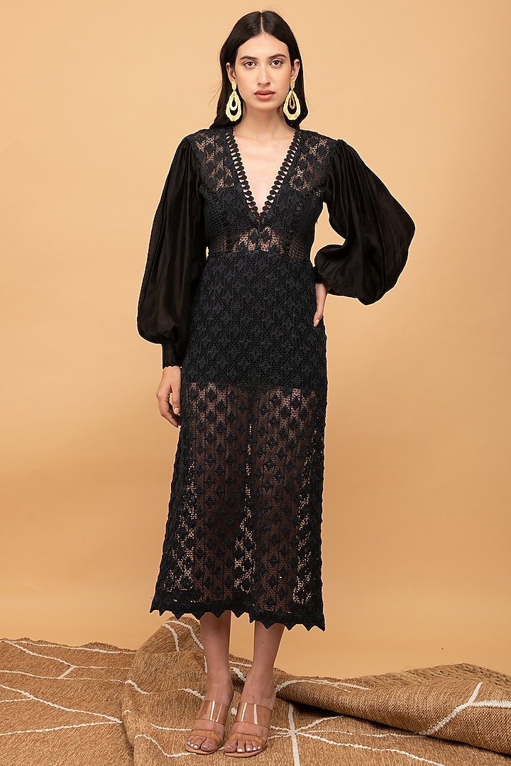 Black Cotton & Chanderi Silk Midi Dress by Kalakaari By Sagarika