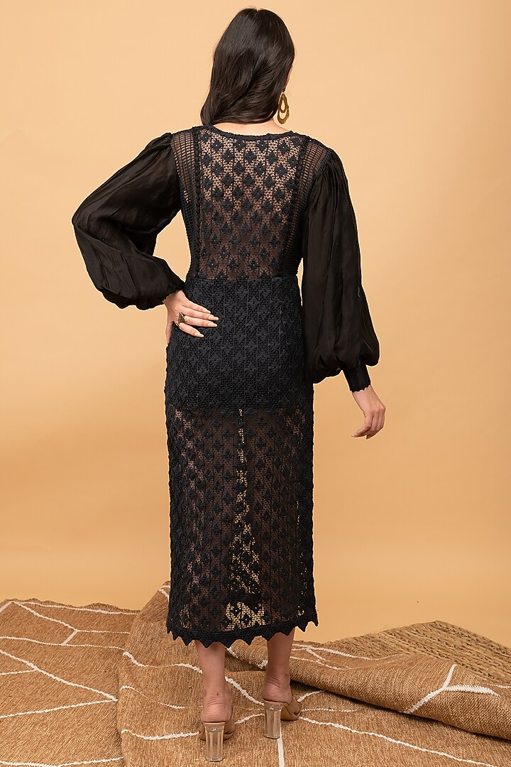 Black Cotton & Chanderi Silk Midi Summer Dress by Kalakaari By Sagarika at Pernia's Pop Up Shop