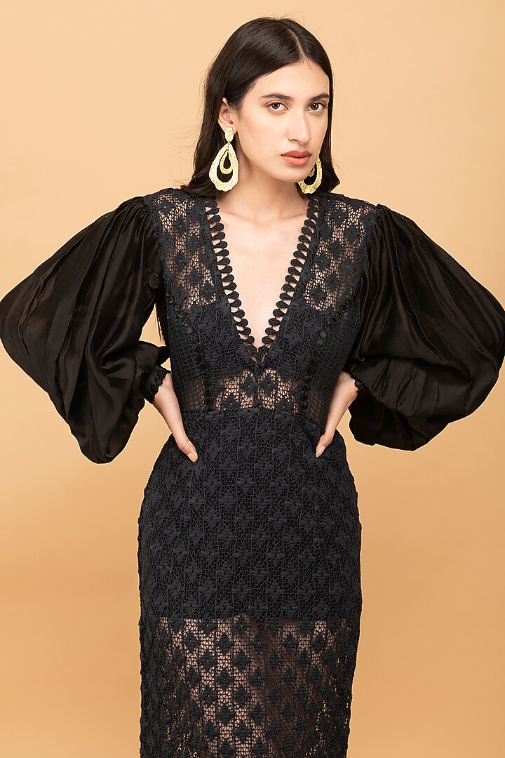Black Cotton & Chanderi Silk Midi Summer Dress by Kalakaari By Sagarika at Pernia's Pop Up Shop
