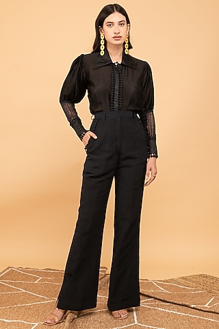 Black Crinkle Crepe Pant Set by Kalakaari By Sagarika