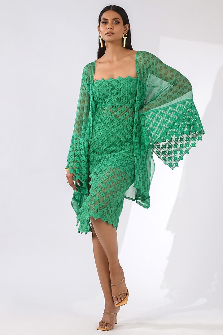 Green Crochet Dress With Shrug by Kalakaari By Sagarika