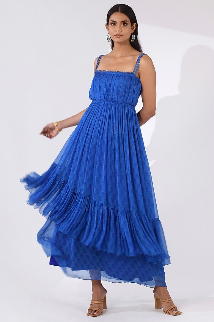 Blue Printed Maxi Summer Dress by Kalakaari By Sagarika at Pernia's Pop Up Shop