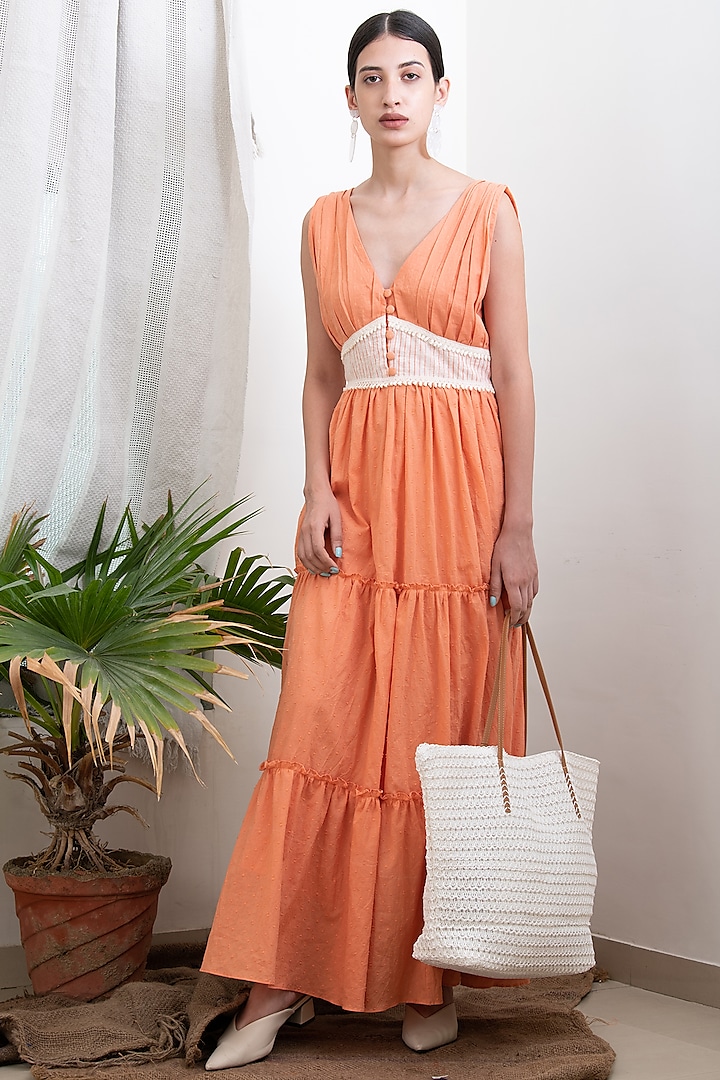 Peach Printed Tiered Summer Dress by Kalakaari By Sagarika