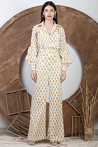 Off-White Hand Block Printed Flared Pant Set by Kalakaari By Sagarika