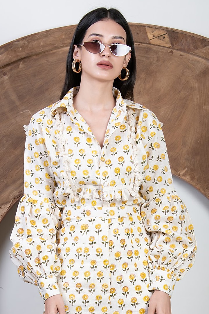 Off-White Hand Block Printed Flared Pant Set by Kalakaari By Sagarika at Pernia's Pop Up Shop
