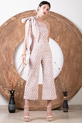 Off-White & Peach Printed Jumpsuit by Kalakaari By Sagarika