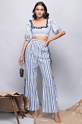 White & Blue Striped High-Waisted Pant Set by Kalakaari By Sagarika