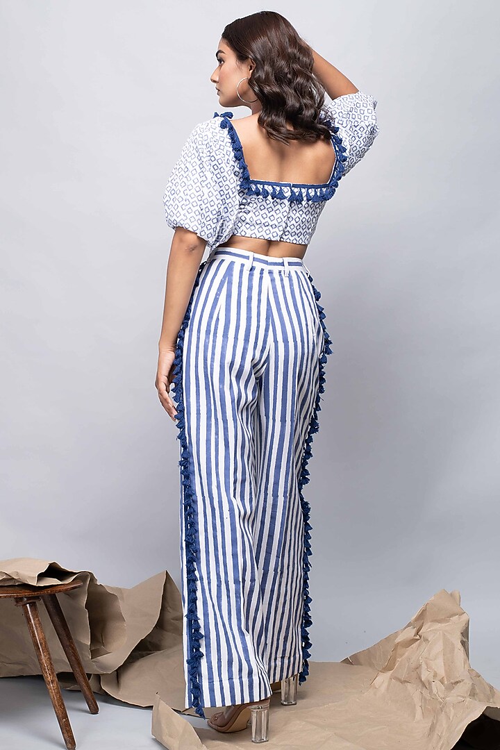 White & Blue Striped High-Waisted Pant Set by Kalakaari By Sagarika at Pernia's Pop Up Shop