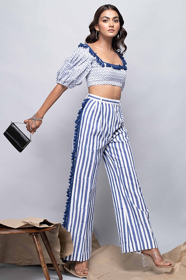 White & Blue Striped High-Waisted Pant Set by Kalakaari By Sagarika at Pernia's Pop Up Shop