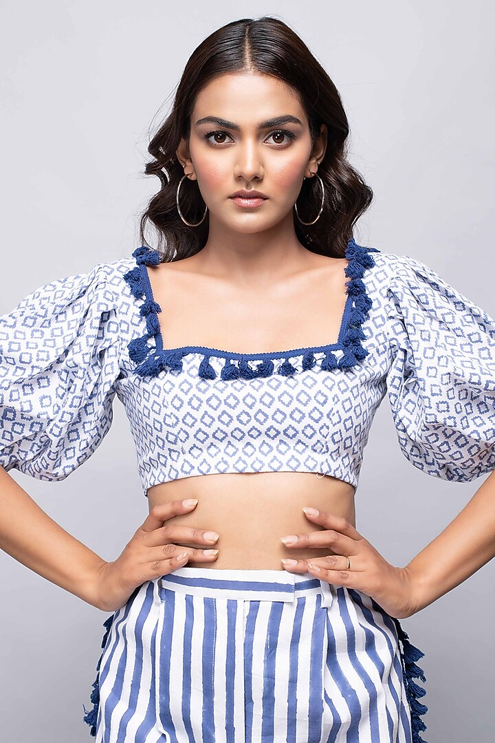White & Blue Striped High-Waisted Pant Set by Kalakaari By Sagarika at Pernia's Pop Up Shop