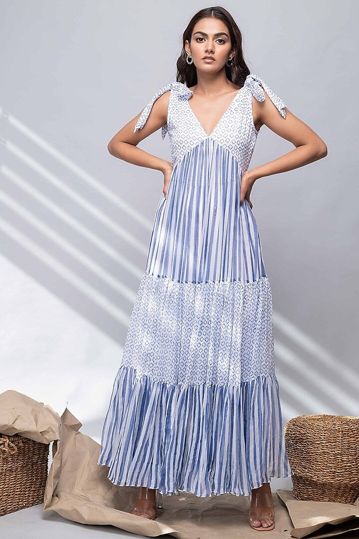 White & Blue Printed Tiered Dress by Kalakaari By Sagarika