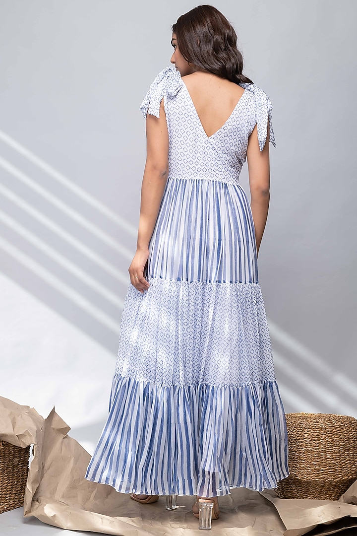 White & Blue Printed Tiered Summer Dress by Kalakaari By Sagarika at Pernia's Pop Up Shop