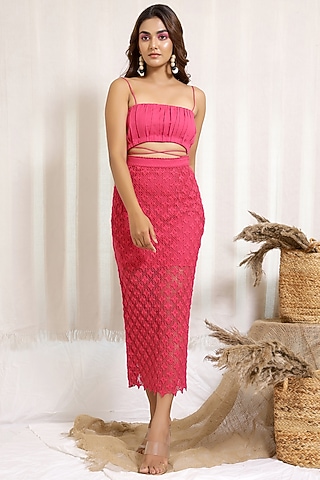 Hot Pink Cotton Crochet Pencil Skirt Set by Kalakaari By Sagarika