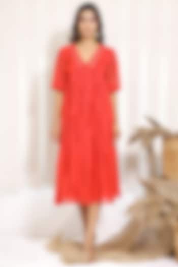 Coral Red Printed Midi Dress by Kalakaari By Sagarika