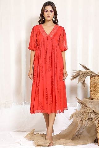 Coral Red Printed Midi Dress by Kalakaari By Sagarika