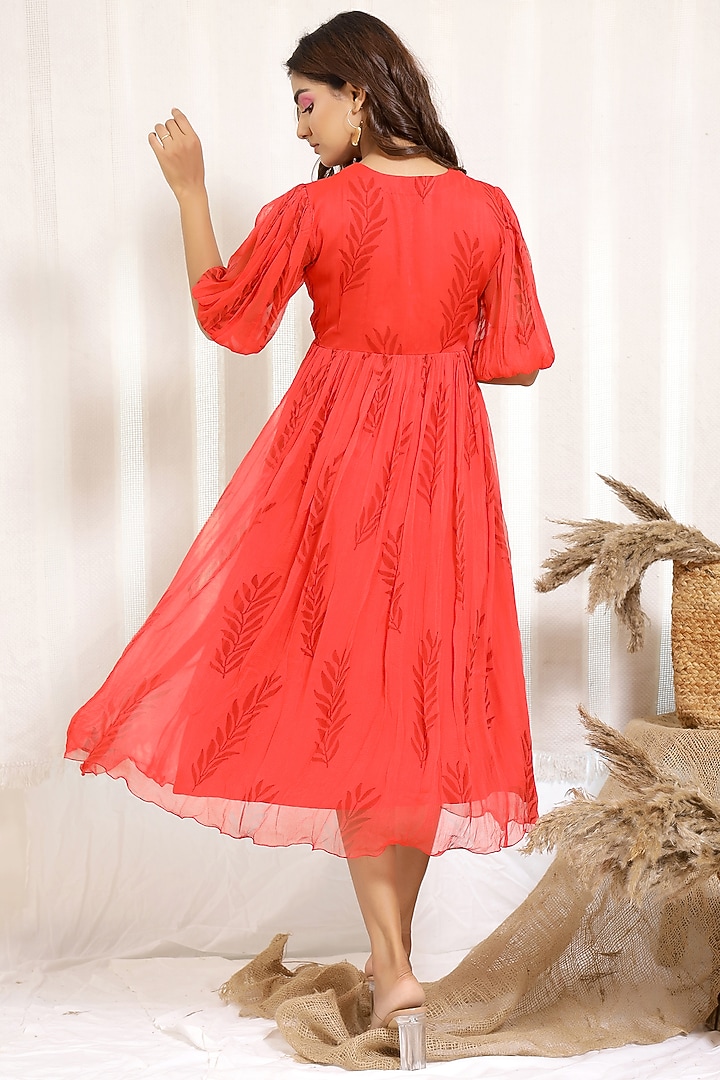 Coral Red Printed Midi Summer Dress by Kalakaari By Sagarika at Pernia's Pop Up Shop