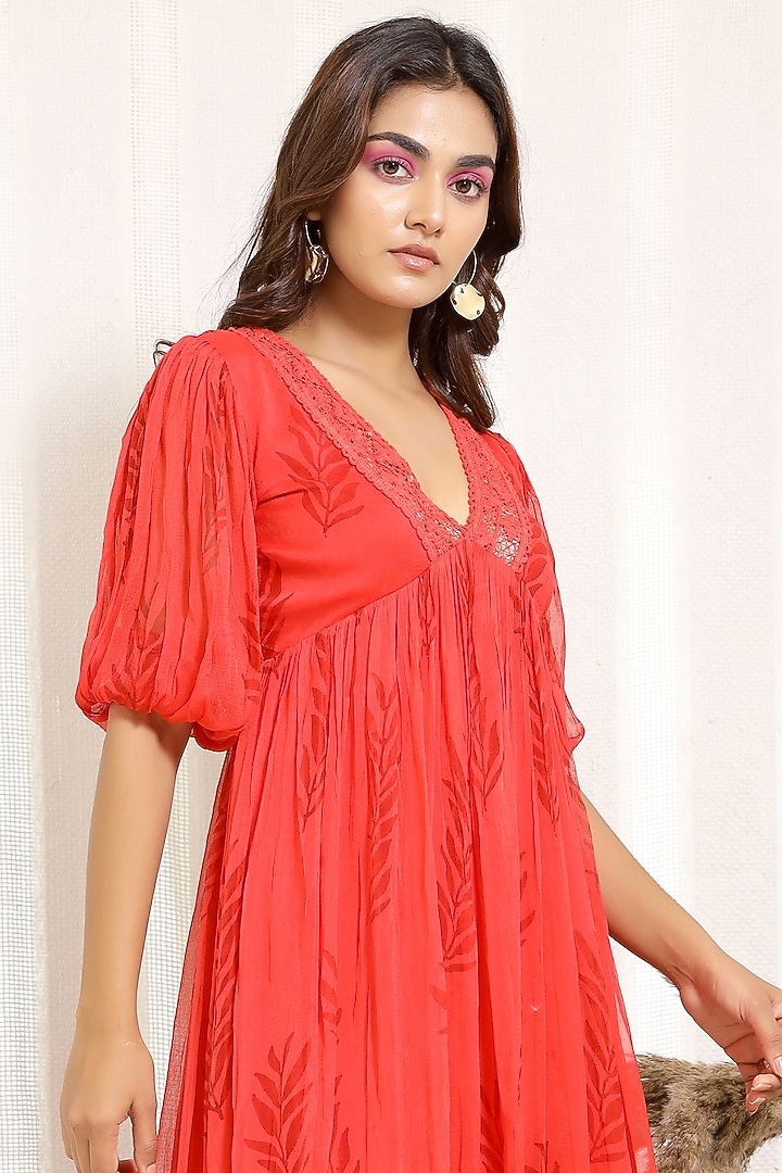 Coral Red Printed Midi Summer Dress by Kalakaari By Sagarika at Pernia's Pop Up Shop