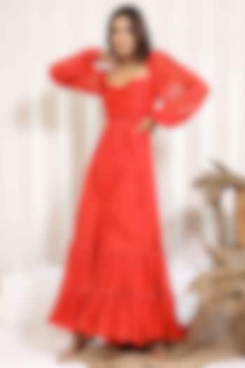 Coral Red Printed Tiered Maxi Vacation Dress by Kalakaari By Sagarika at Pernia's Pop Up Shop